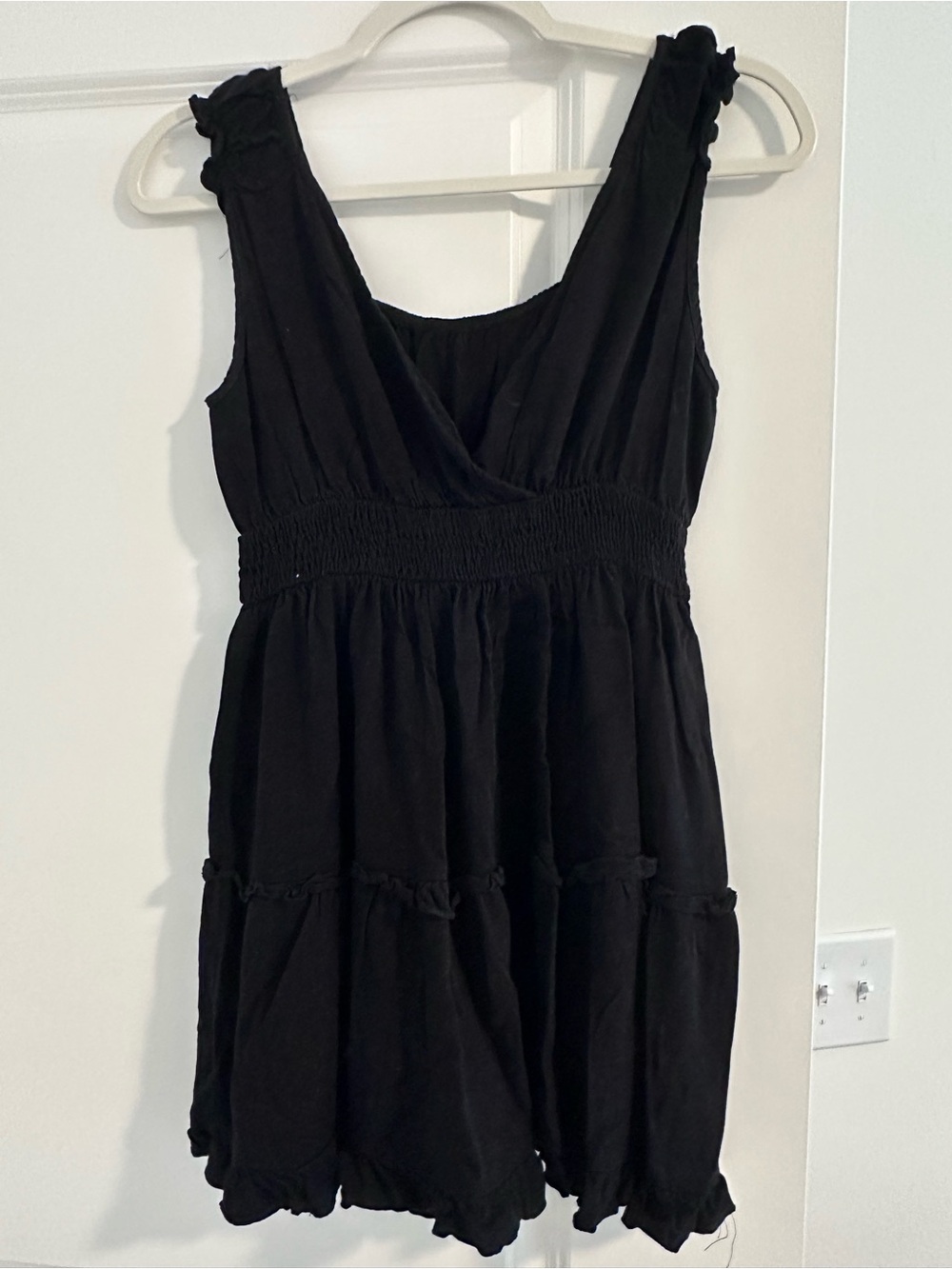 Black Smocked Waist Tiered Tunic Top